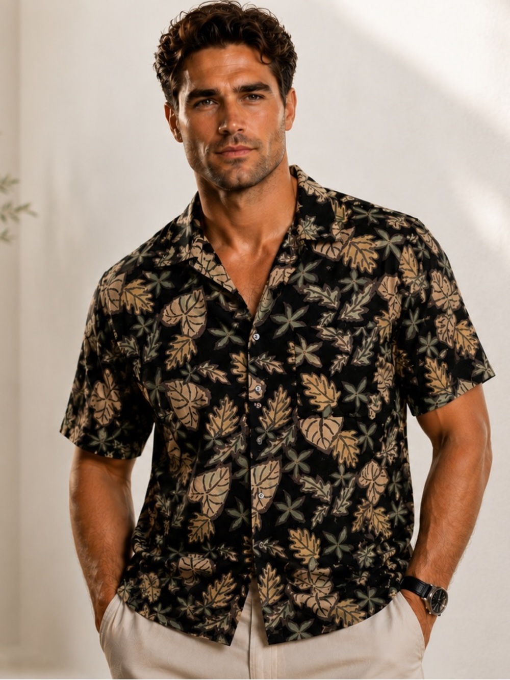 Munsingwear Hawaiian Button Up Shirt Size XL Tropical Leaf Print Resort Style